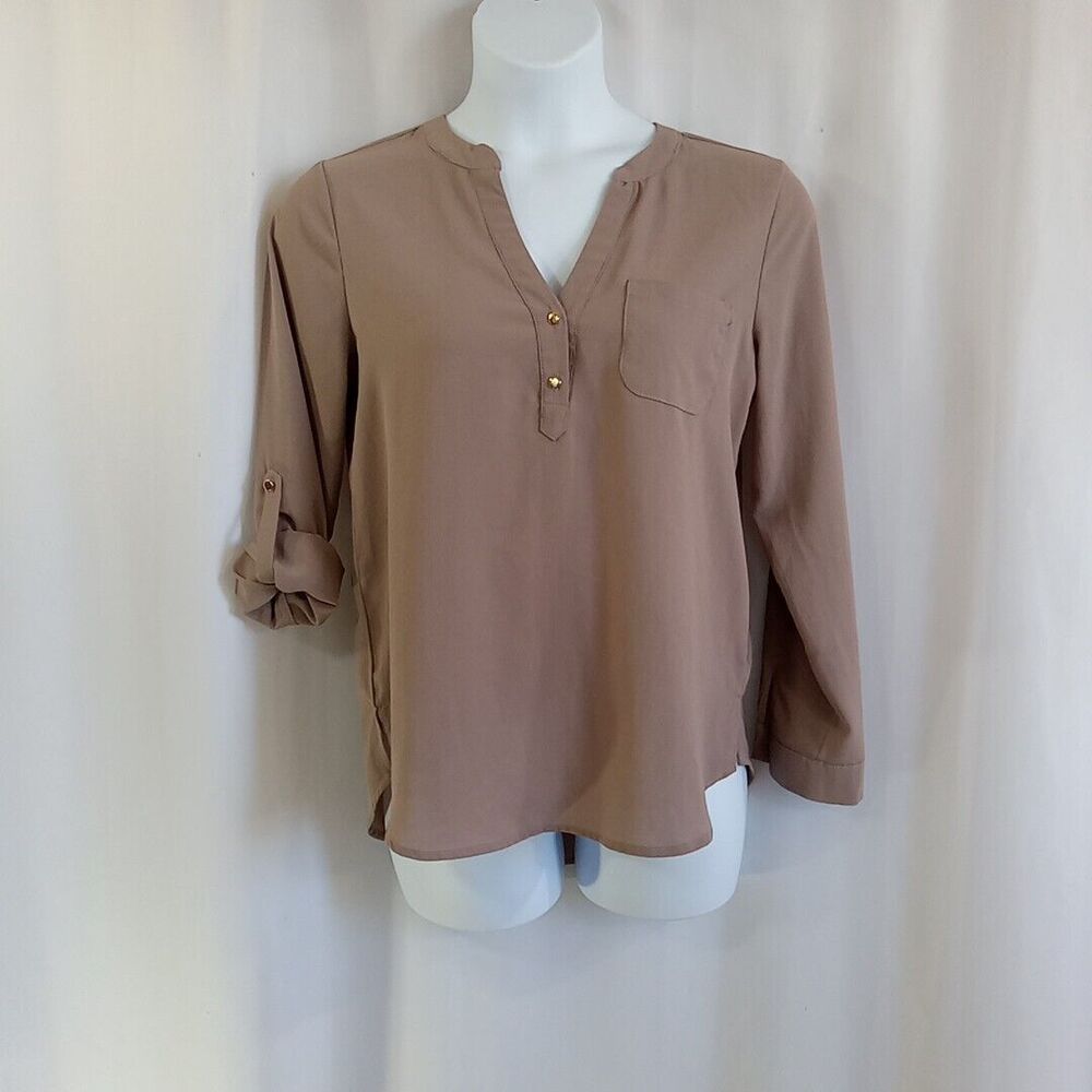 Twine & String Blouse Women's Size Large Tan Roll Tab Sleeves *